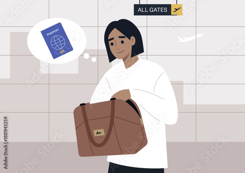 In a lively airport terminal, a traveler stressfully checks their passenger passport hidden in a brown bag, surrounded by the anticipation of upcoming adventure