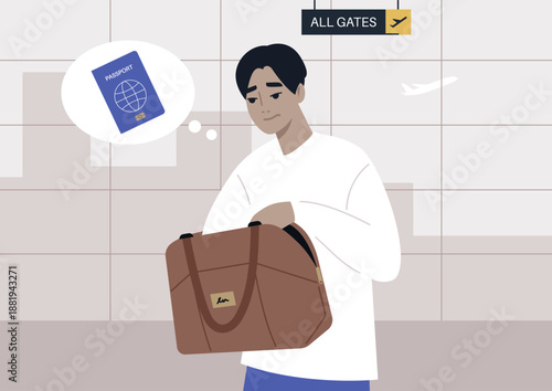 In a lively airport terminal, a traveler stressfully checks their passenger passport hidden in a brown bag, surrounded by the anticipation of upcoming adventure