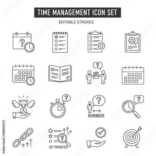 Time management icon set featuring productivity tools, clock schedule organization, efficiency planning, and project deadline tracking vector elements.