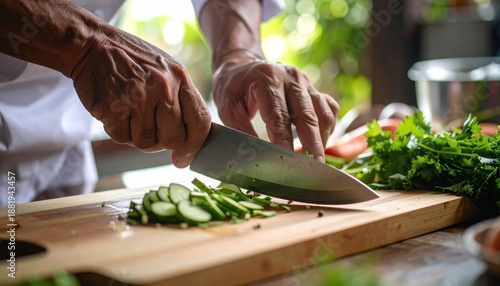 Wallpaper Mural Close up Overhead Shot Of Chef Hands Chopping Fresh Cucumber On Wooden Cutting Board Preparing Healthy Salad In Natural Light Torontodigital.ca