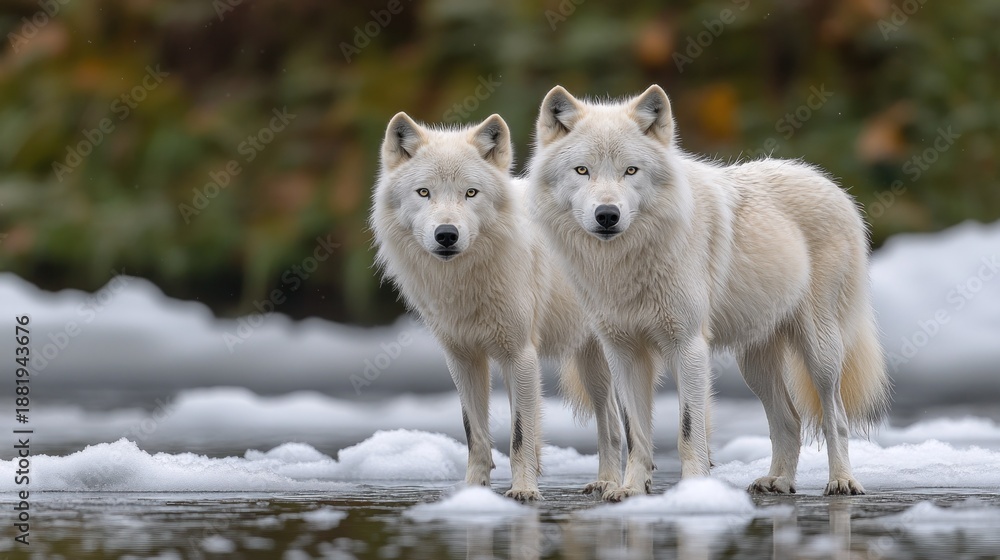 Obraz premium Two arctic wolves on ice