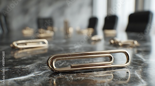 Gold paperclip on a marble surface isolated on white background