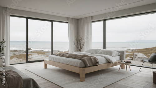 Camera da letto elegante e luminosa con arredamento minimalista e tonalità neutre in una casa che si affaccia sul mare della Norvegia