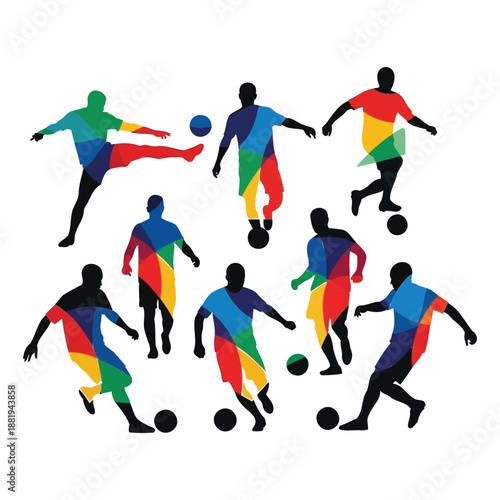 Eight silhouetted soccer players in various poses with colorful uniforms kicking balls on white background
