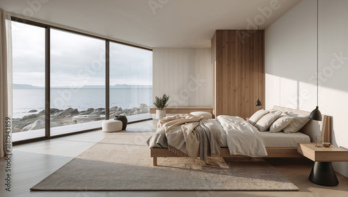 Camera da letto elegante e luminosa con arredamento minimalista e tonalità neutre in una casa che si affaccia sul mare della Norvegia