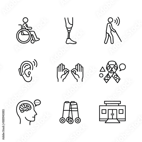 Disability line editable icon set, physical mental development assistive devices. Outline vector illustration for healthcare accessibility education web app design
