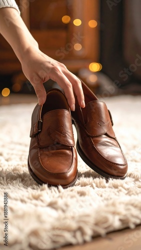 Wallpaper Mural Person's Hand Gently Touching Brown Leather Double Monk Strap Loafers on a Cream Shaggy Rug with Soft Bokeh Lights in Background Torontodigital.ca