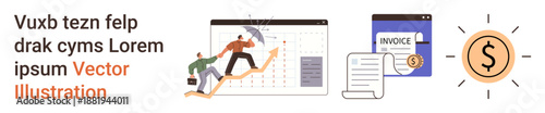 Financial growth, teamwork, payment systems, accounting, expense tracking, revenue visualization. People climbing graph, documents with invoice dollar symbol. Financial growth and teamwork theme