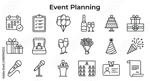Event planning line editable icon set. Party, wedding, celebration, conference, checklist, decoration. Outline icon collection, editable stroke, vector illustration