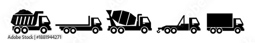 Five Types of Trucks Silhouette Icon Set Vector Illustration.