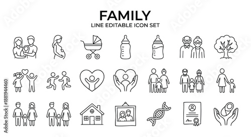 Family line editable icon set. Parents, children, baby, pregnancy, elderly, home, love, care. Outline icon collection, editable stroke, vector illustration