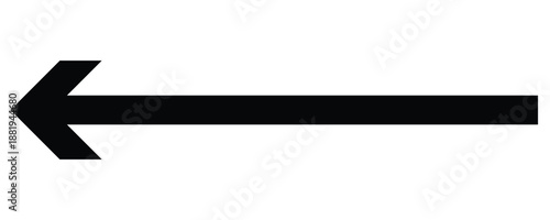 Black long arrow pointing to the left. Straight long arrow icon, black cursor, horizontal element. Isolated on white background.  Arrow shape element.