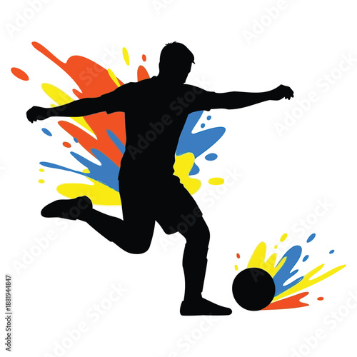 silhouette of a man kicking a soccer ball with colorful paint splashes  action scene