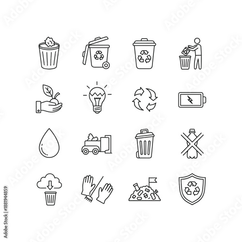 Garbage line editable icon set. Waste management, recycling, trash disposal, eco protection symbols. Environmental cleanup icons, outline style, editable stroke, vector illustration