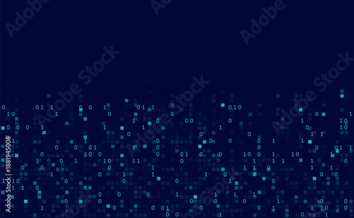 Dark blue pixel background with binary code elements, representing big data processing, digital information flow, data security, and modern technology systems.