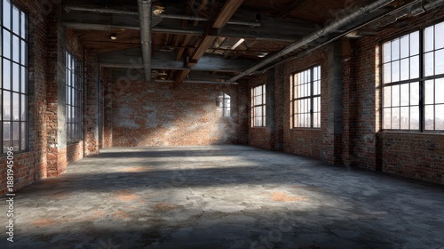 Industrial chic interior concept: bare brick walls, concrete floor, and oversized window light