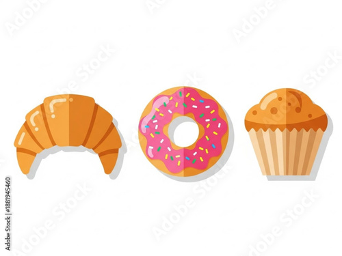 Croissant, donut, and muffin in colorful flat design vector illustration