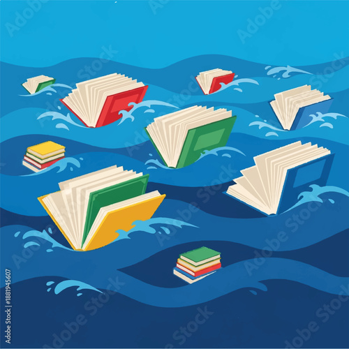 Colorful books floating on turbulent ocean waves from an aerial viewpoint