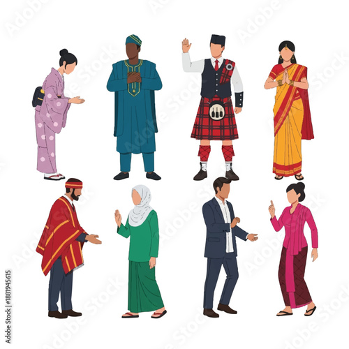 Diverse group of people in traditional attire greeting each other in a cultural exchange illustration from a frontal viewpoint