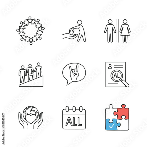Inclusivity line editable icon set. Diversity equality inclusion community unity accessibility social values. Editable stroke vector illustration