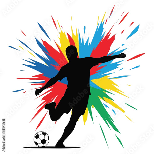 silhouette of a man kicking a soccer ball with colorful paint splashes behind him in red yellow blue and green
