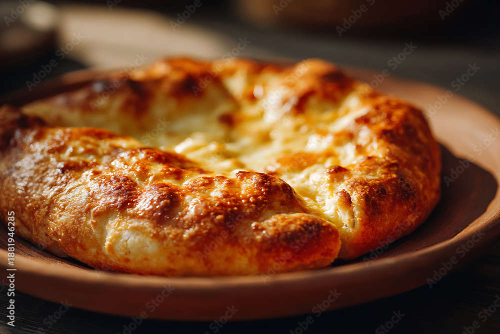Fototapeta premium culinary photography, classic georgian cheese-filled khachapuri bread on a rustic clay plate, with warm terracotta colors and soft window light ample copy space