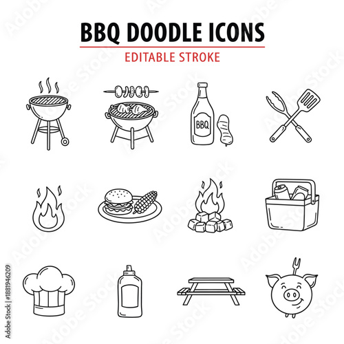 BBQ doodle line icon set. Barbecue grill and outdoor cooking symbols, meat tools sauce fire picnic food, summer party outline editable vector.