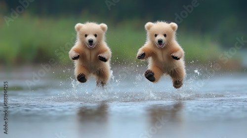 Two playful bear cubs leap in a shallow river