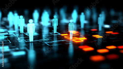 Digital human icons on a network grid highlighting one candidate symbolizing recruitment analytics, talent selection, and workforce strategy.
