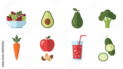 Healthy food icons: salad, avocado, pear, broccoli, carrot, apple, juice, cucumber