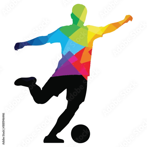 Soccer player kicking ball with colorful geometric pattern on shirt and arms outstretched