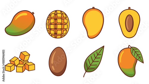 Collection of stylized mango illustrations showing whole fruit, sliced, and cubed pieces