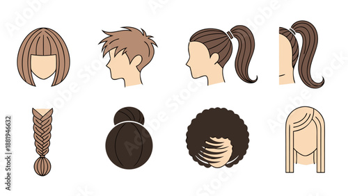 Collection of diverse cartoon hairstyles for men and women, illustrated simply
