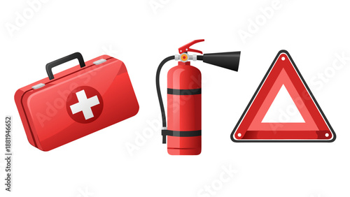 Car safety kit with first aid, fire extinguisher, and warning triangle