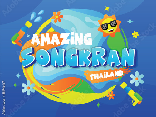 a vibrant illustration celebrating songkran in thailand with water guns and floral elements