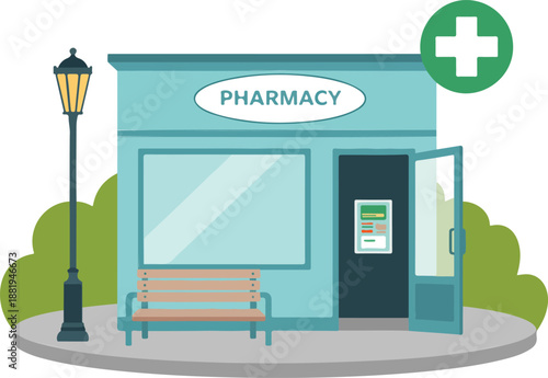 Pharmacy Store Outline Icon Set Drugstore Facade and Medical Shop Front