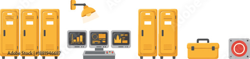 Industrial Workstation Illustration Set Featuring Storage Lockers, Control Monitors, Safety Lamp, Toolbox, Emergency Button, and Modern Factory Equipment