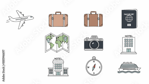 Collection of travel icons including airplane, luggage, passport, map, camera, hotel, compass, and ship