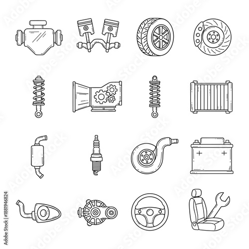 Car parts line editable icon set showing engine tire brake battery suspension steering auto spare parts outline vector illustration