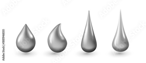 Realistic silver drops and metallic spheres with chrome finish. 3D liquid droplets, glossy beads, and bubble-like orbs create a luxurious composition with reflective surfaces.