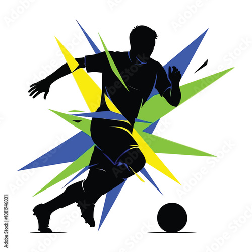 Soccer player kicking ball with colorful starburst design in background