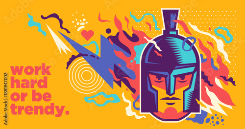 Conceptual illustration with a warrior character and a colorful abstract shapes. Vector illustration.