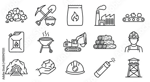 Coal mining line editable icon set, industry equipment worker safety energy production. Outline vector illustration collection