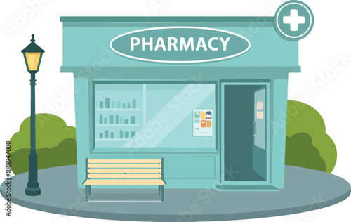 Pharmacy Store Outline Icon Set Drugstore Facade and Medical Shop Front