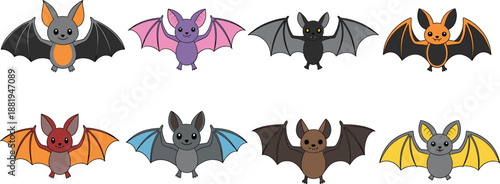 Cute Cartoon Bat Characters Vector Set with Color Variations Flat Design for Halloween Illustrations