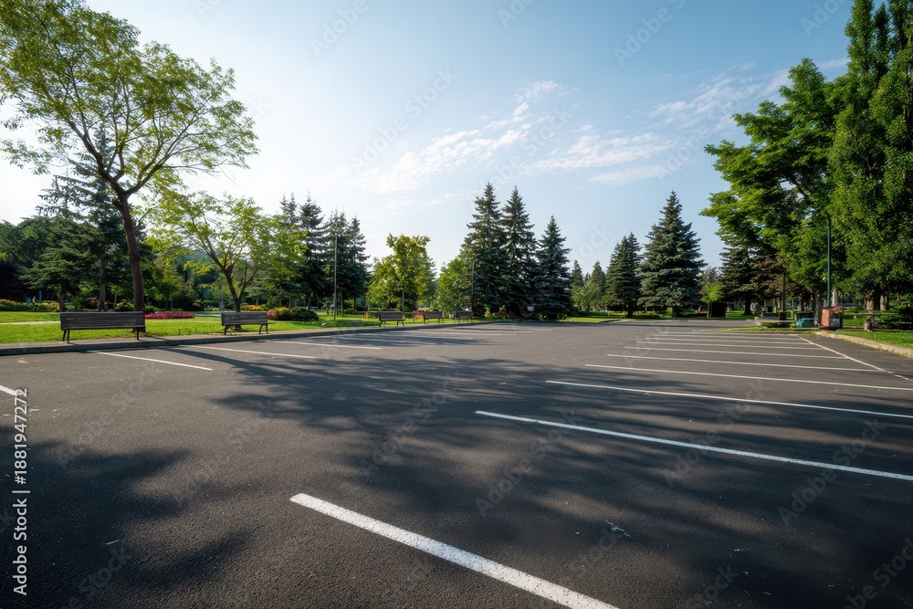 Fototapeta premium Empty parking lot in a tranquil park beneath a bright blue sky