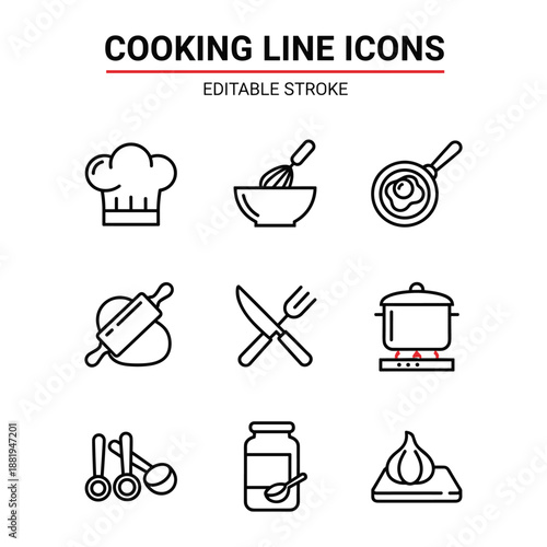 Cooking line editable icon set, kitchen food preparation tools utensils. Outline vector illustration for recipe web app ui design