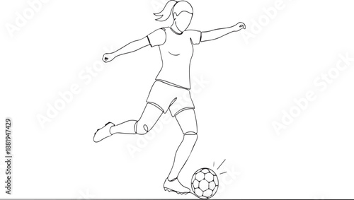 Soccer Kick Line Drawing – Action Pose with Ball Motion Soccer Kick Illustration, Line Drawing Athlete, Football Player Silhouette, Sports Action Pose, Ball Impact Graphic, Ponytail Girl Kicking Ball,