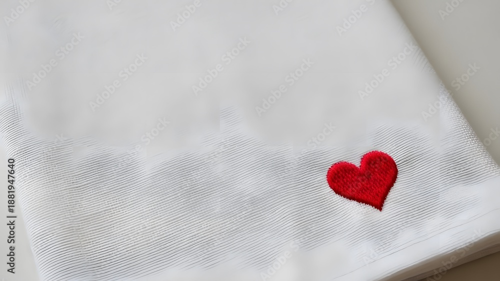 Fototapeta premium Close up of white fabric with a small red heart embroidery