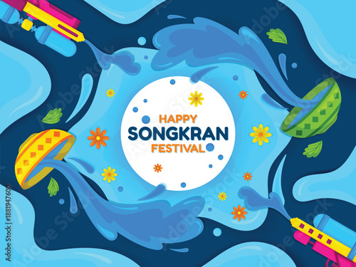 a vibrant songkran festival illustration with water splashes flowers and water guns